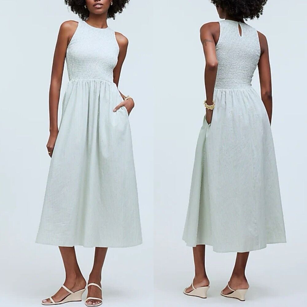 MADEWELL Midi Dress Women Large Melody Smocked Sleeveless Green Striped NP125